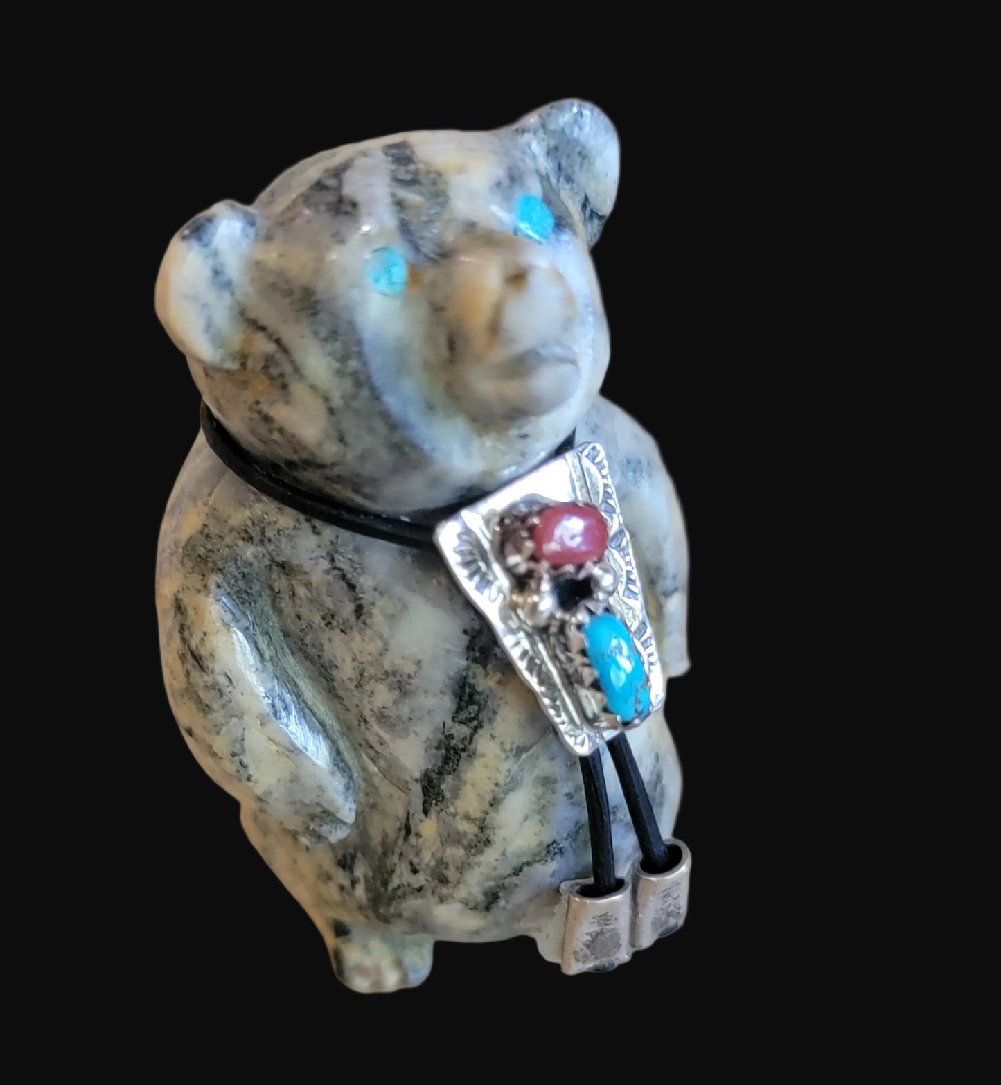 Pinolite Bear Cub w/ Turquoise, Coral and Sterling Silver Bolo Tie Zuni Fetish