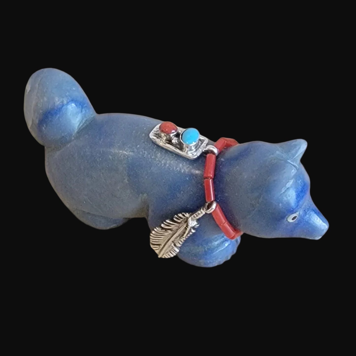 Beautiful Blue Adventurine Fancy Fox w/ Sterling Feather and Sterling Jewelry Necklace Zuni Fetish