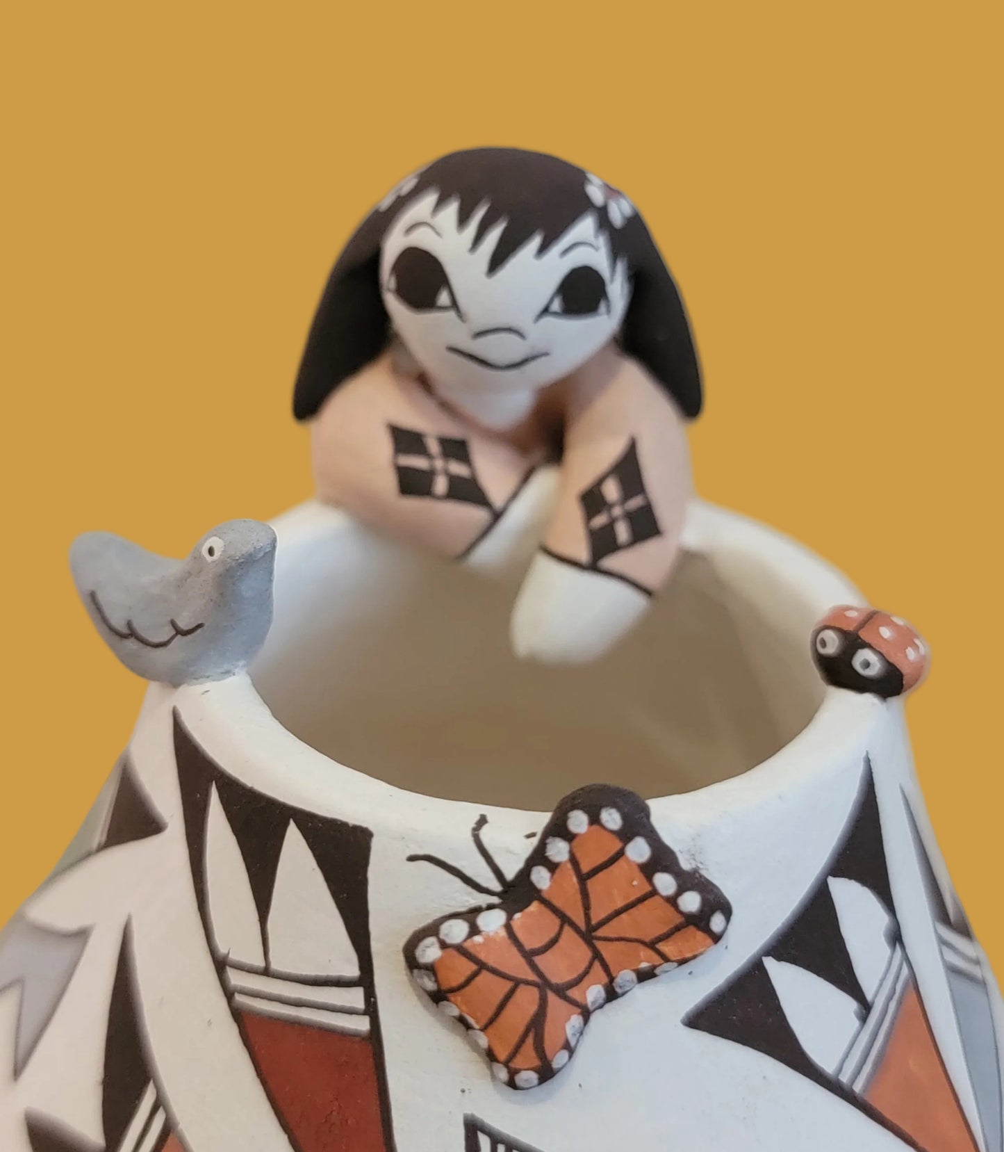 Precious Thin Walled Acoma Pueblo Pottery w/Fine Line Patterns and Raised Bird, Butterfly and Ladybug