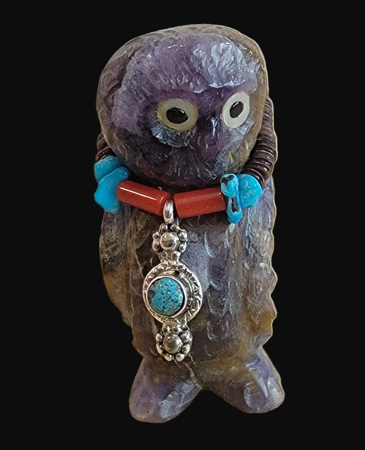 Fluorite Owl with Amazing Sterling Silver and Turquoise Bling Zuni Fetish