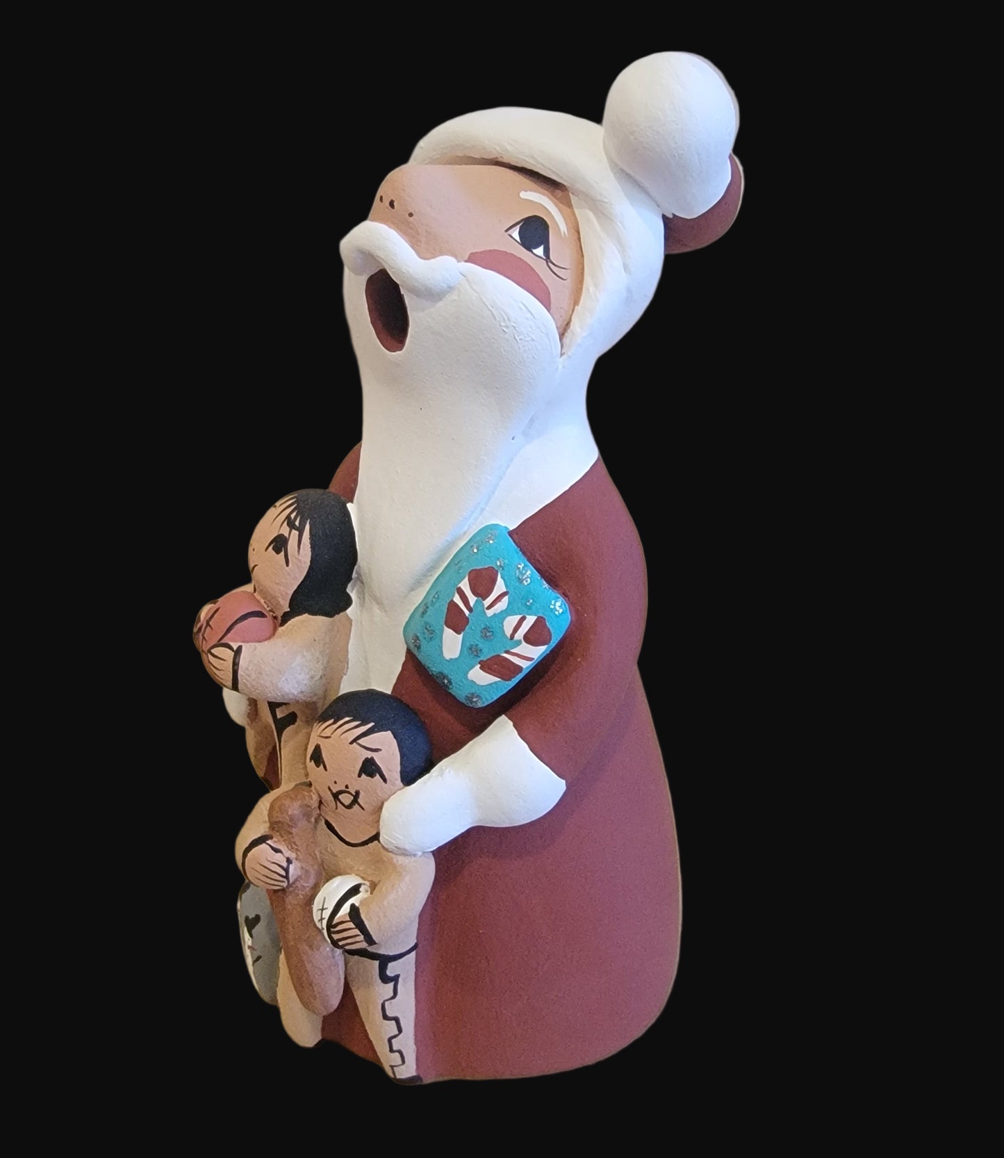 Ho Ho Ho Santa Storyteller w/ Two Children and Presents Jemez Pueblo Pottery
