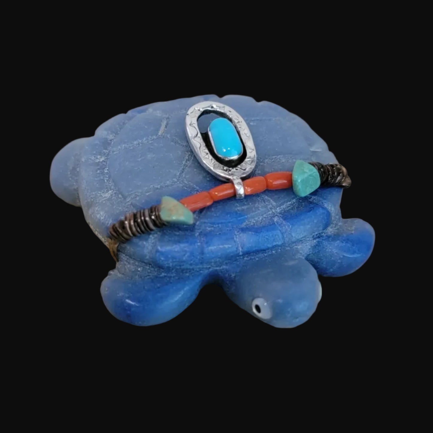 Adventurine Blue Tortoise w/Sterling and Turquoise Necklace Zuni Fetish