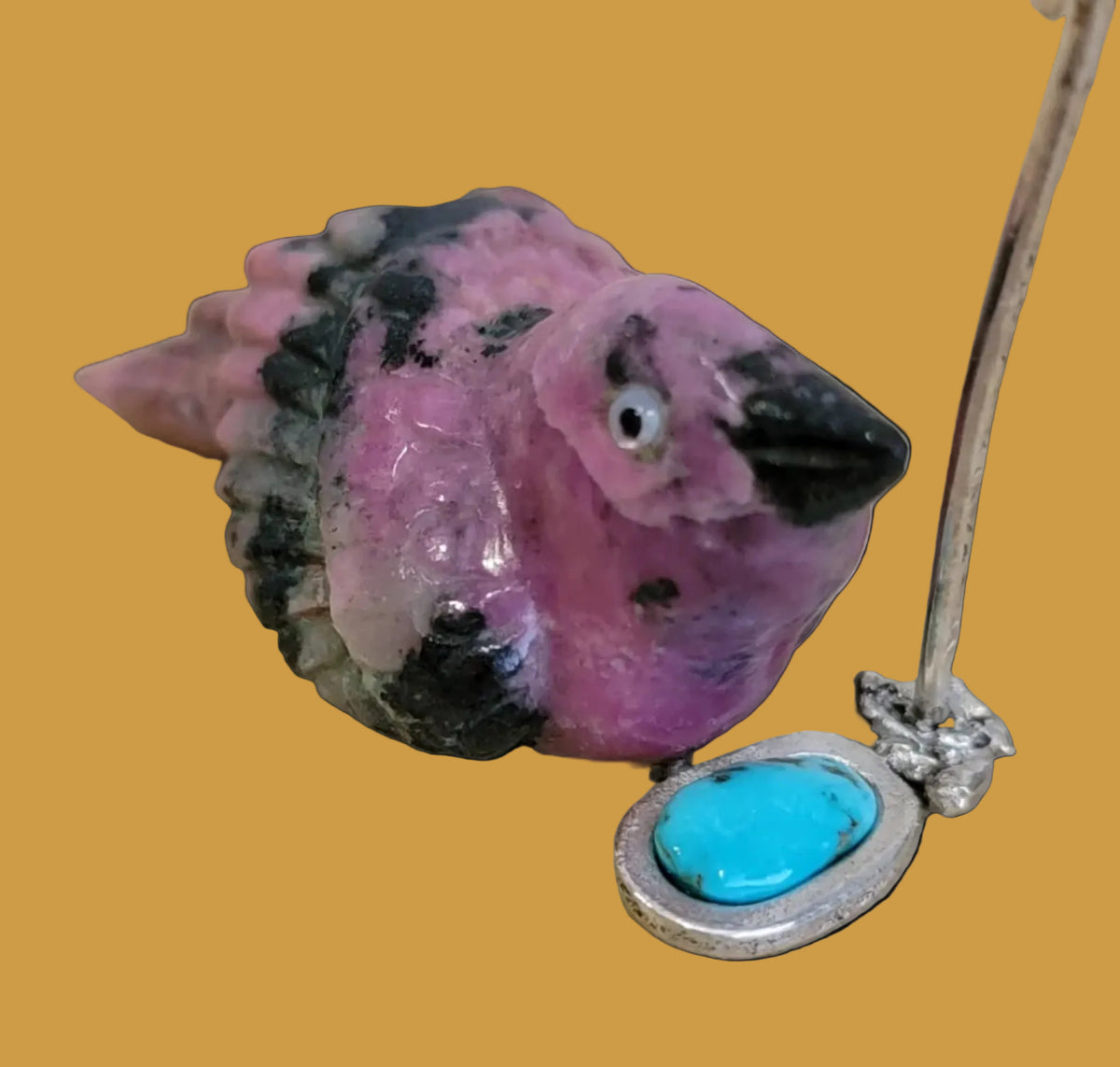 Beautiful Rhodonite Bird w/ Sterling and Turquoise Pond /Sterling w/ Coral Flower and Opal Honeycomb w/Bee Zuni Fetish