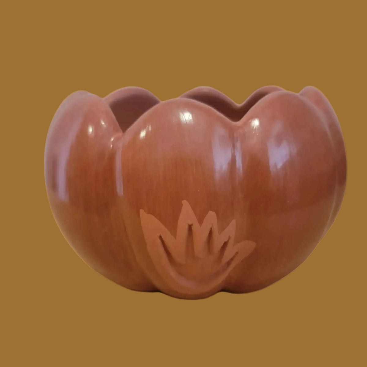 Santa Clara Pueblo Redware Carved Melon Bowl Pueblo Pottery