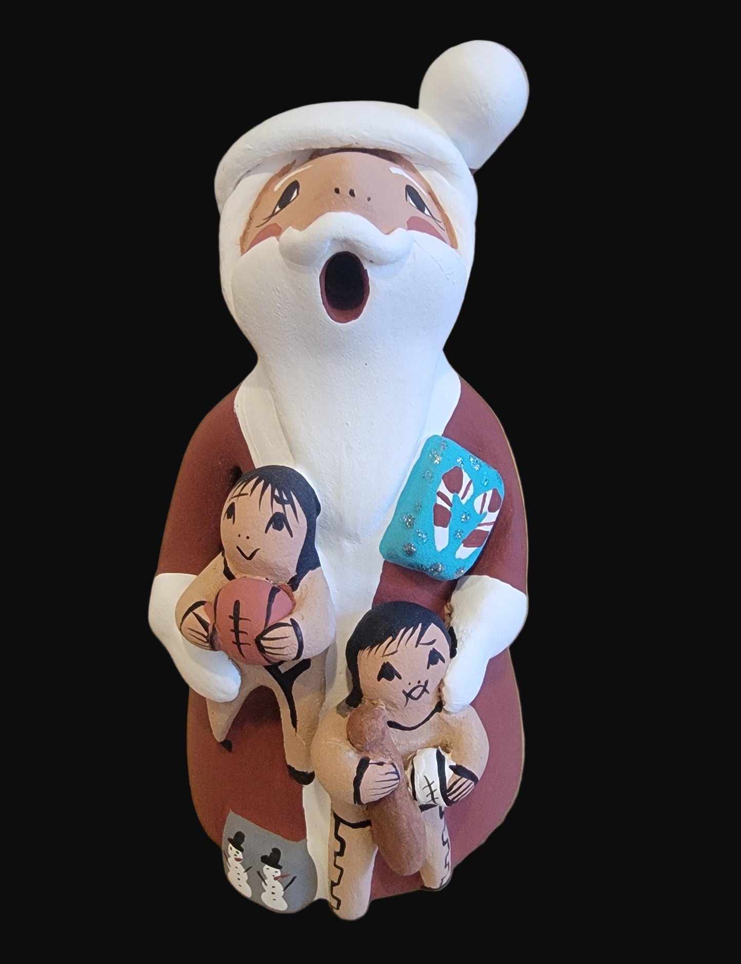 Ho Ho Ho Santa Storyteller w/ Two Children and Presents Jemez Pueblo Pottery
