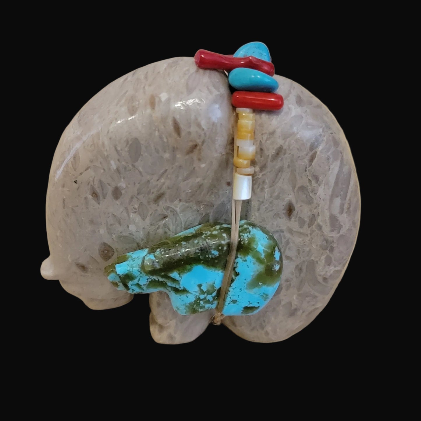 Fossil Shell Medine Bear w/ Turquoise Side Bear and Cool Bundle Zuni Fetish