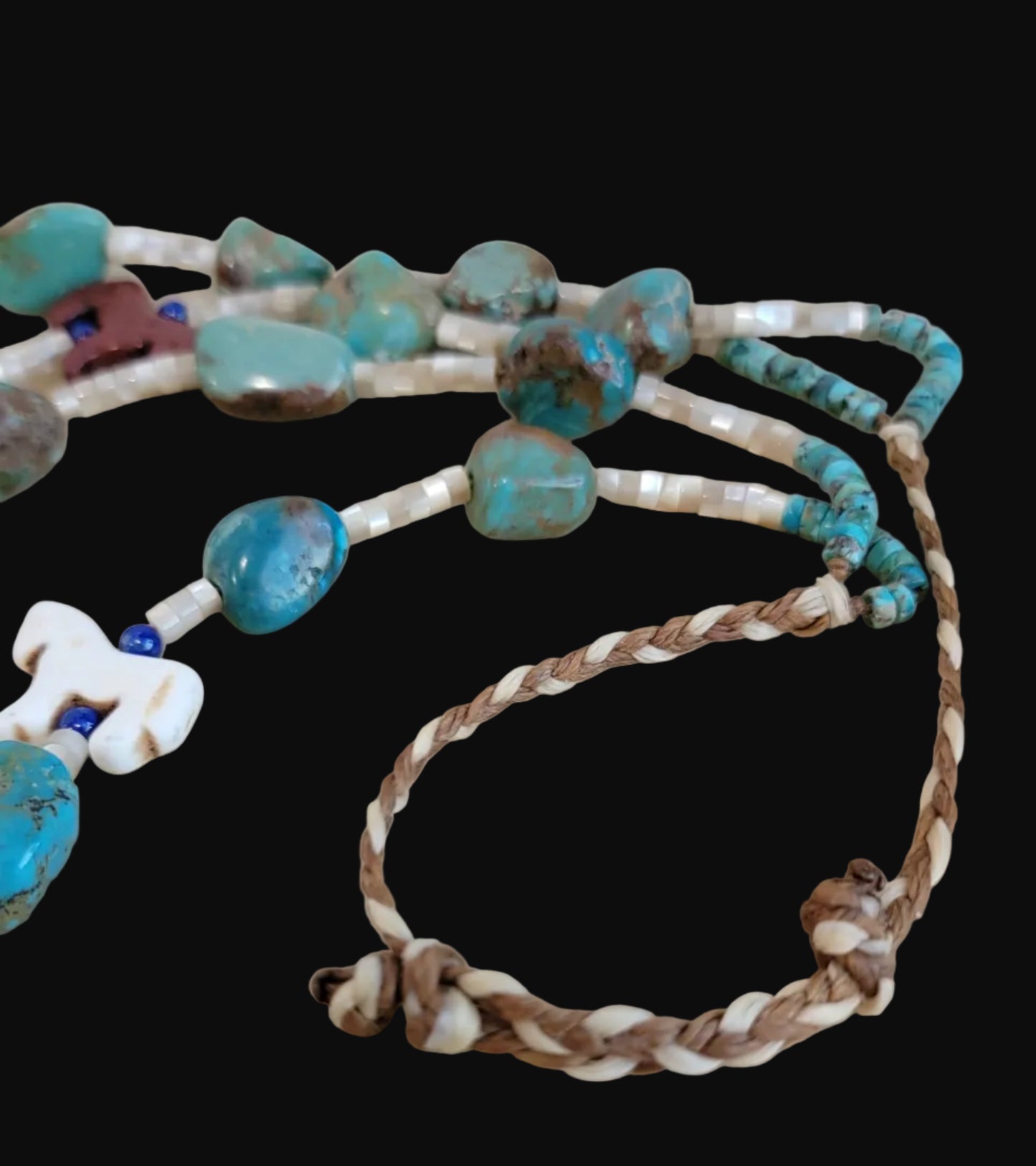 Old Pawn Double Strand Mother of Pearl Heishe w/Turquoise Stones, Carved Horses and Lapis Beads Indian Jewelry Necklace