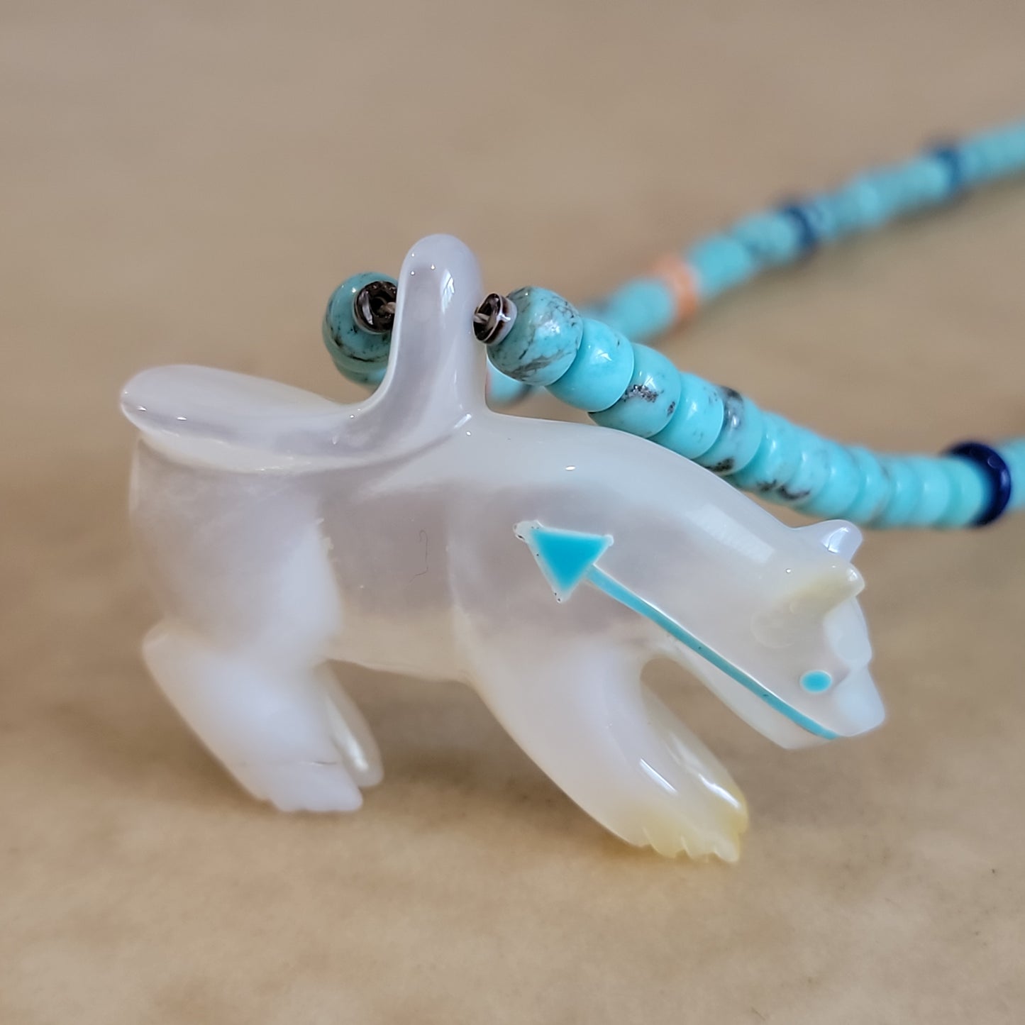 Mother of Pearl Zuni Fetish Mountain Lion Zuni Fetish Necklace