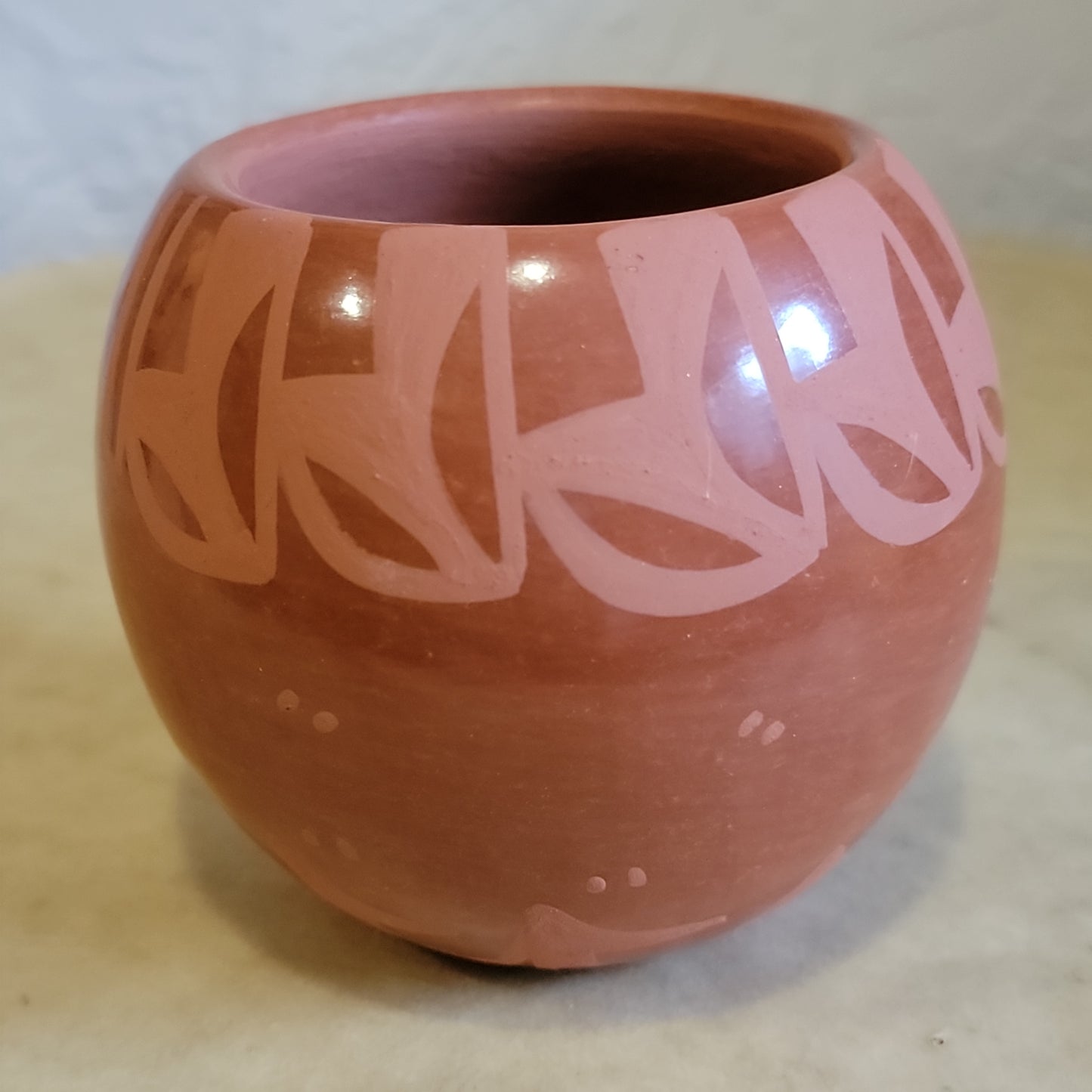 Birdell Vine Flower Bourdon Santa Clara Carved Redware Pueblo Pottery