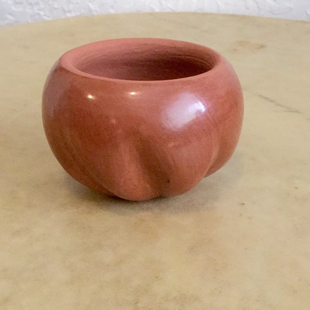 Birdell "Vine Flower" Bourdon Santa Clara Redware  Miniature Melon Vase Pueblo Pottery