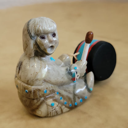 Picasso Marble Drummer w/ Wooden Drum Zuni Fetish