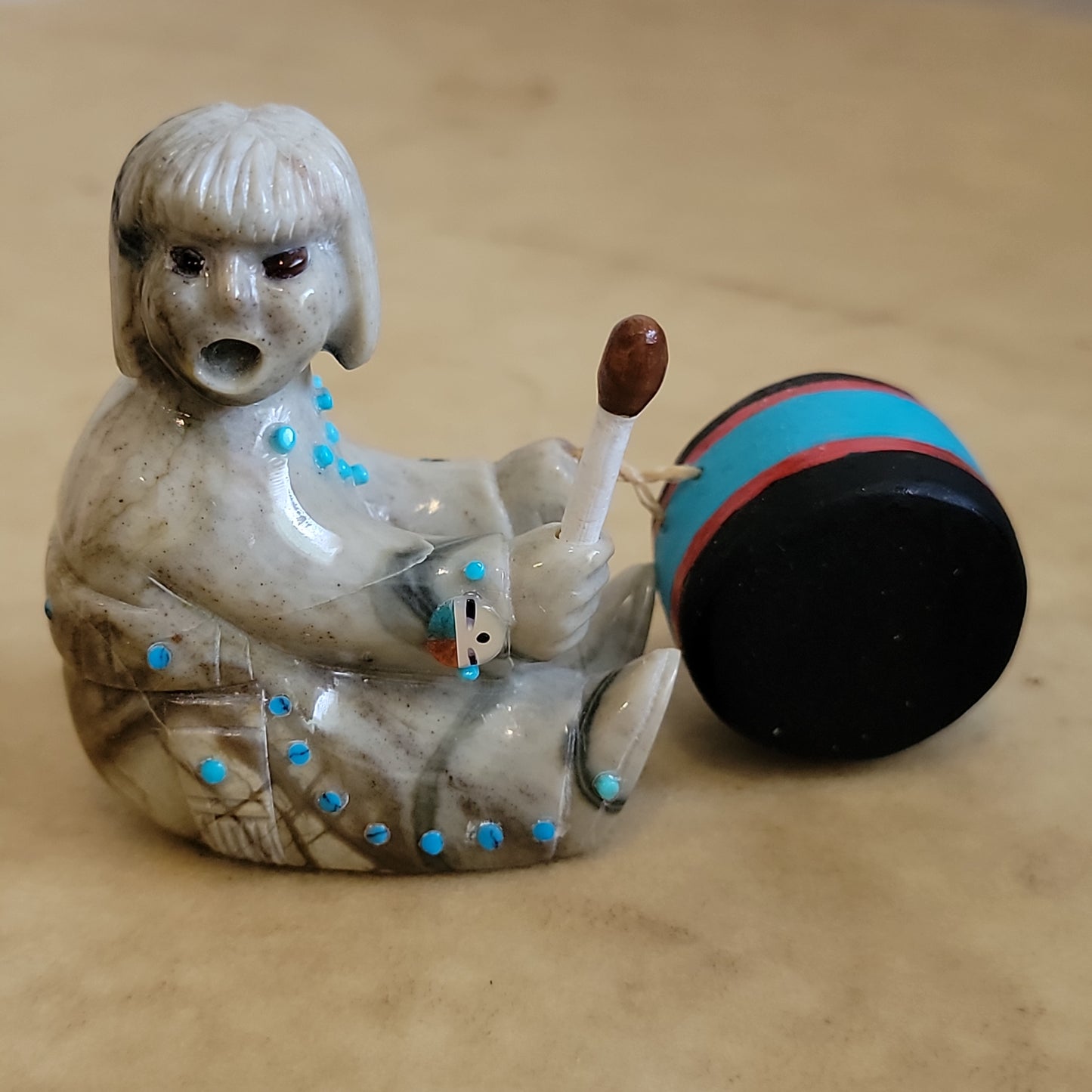 Randy Lucio Picasso Marble Drummer w/ Wooden Drum Zuni Fetish