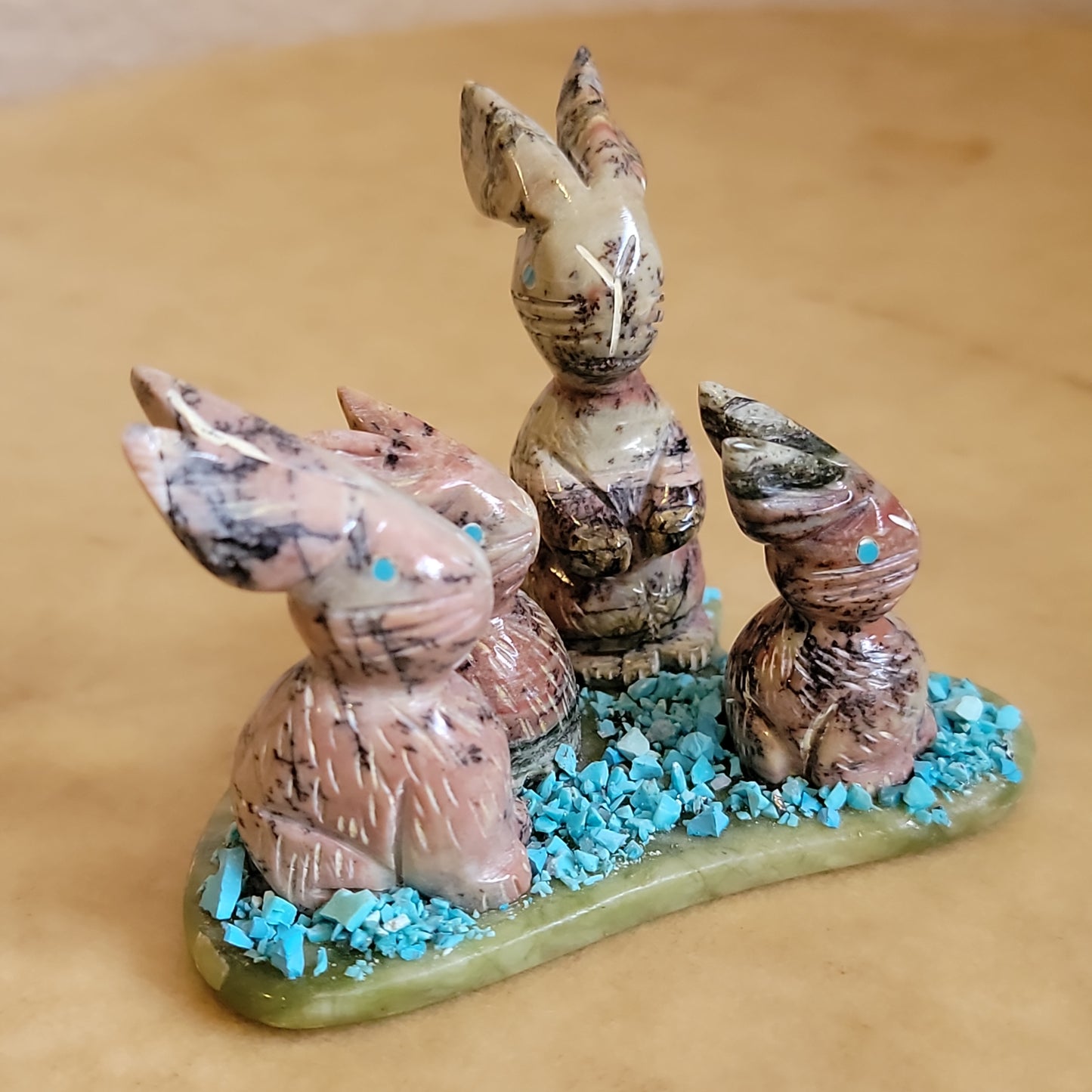 Stafford Chimoni Adorable Bunny Rabbit Family Zuni Fetish on Heart Shaped Base