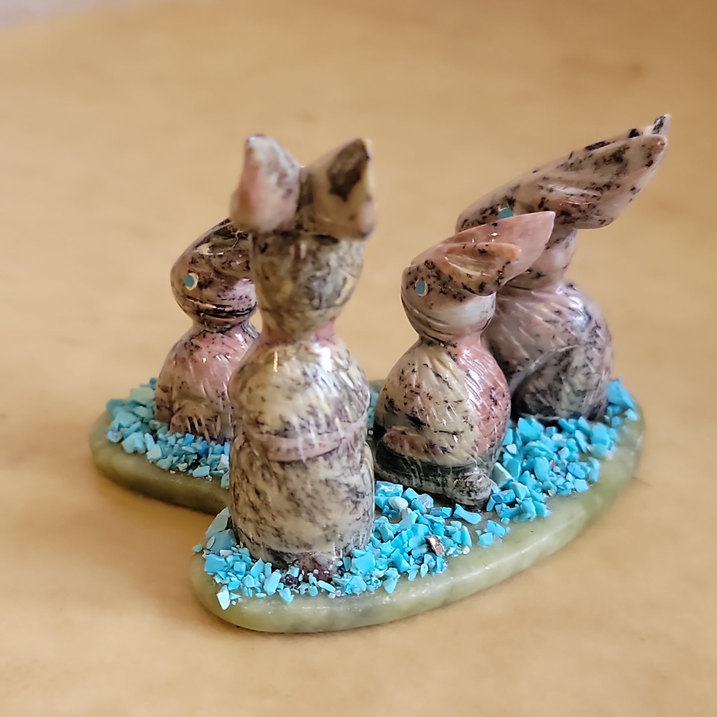 Stafford Chimoni Adorable Bunny Rabbit Family Zuni Fetish on Heart Shaped Base