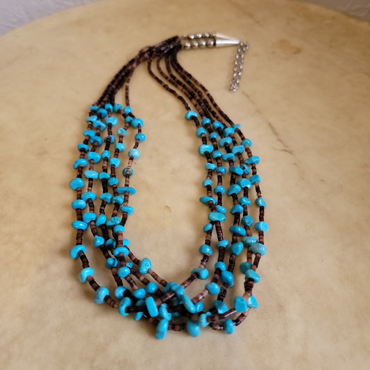 "Old Pawn" Navajo Five Strand Pinshell Heishe and Turquoise Nuggets Necklace