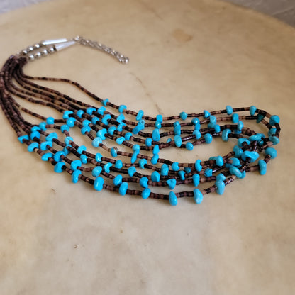 "Old Pawn" Navajo Five Strand Pinshell Heishe and Turquoise Nuggets Necklace