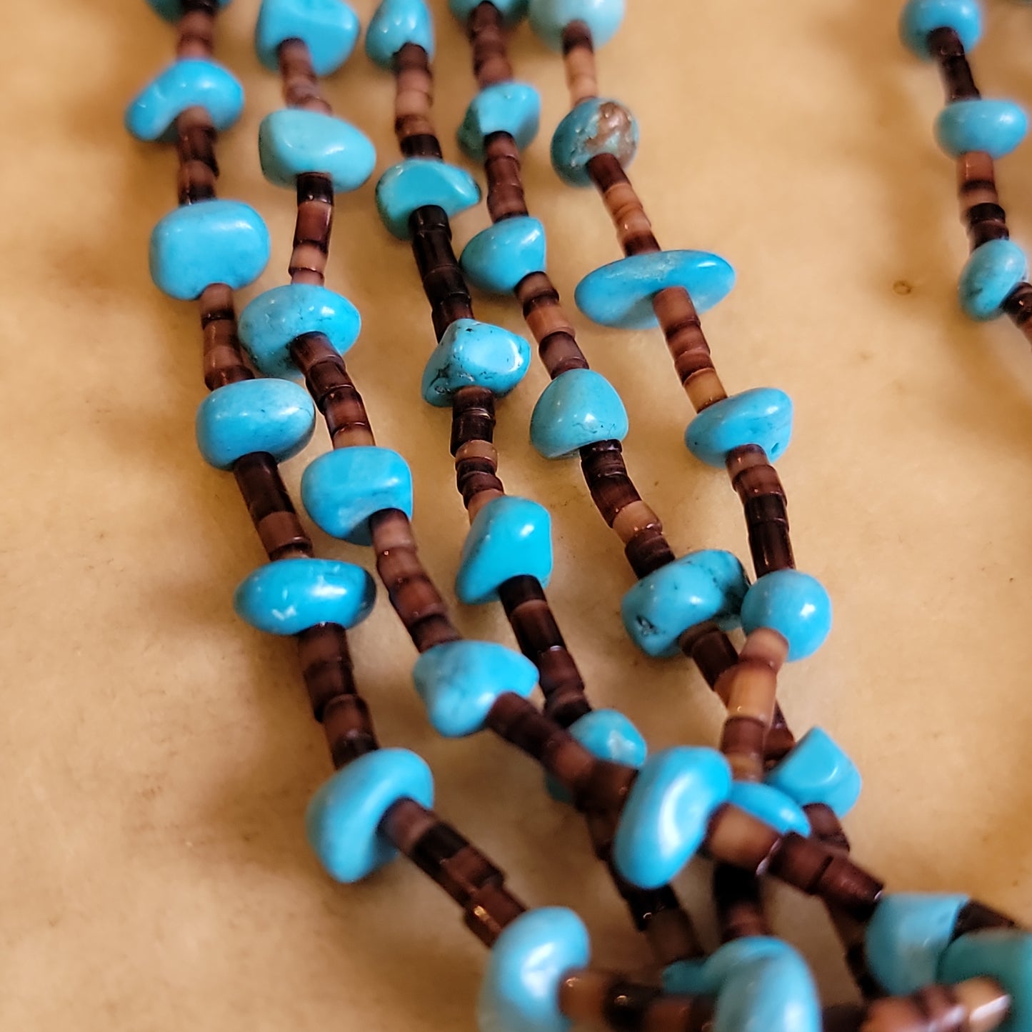 "Old Pawn" Navajo Five Strand Pinshell Heishe and Turquoise Nuggets Necklace
