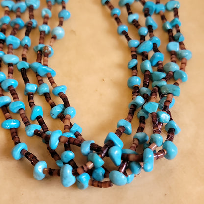 "Old Pawn" Navajo Five Strand Pinshell Heishe and Turquoise Nuggets Necklace