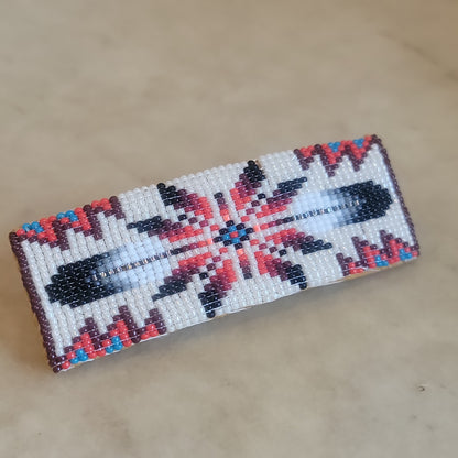 Irene Ashley Navajo Beaded Barrette with Geometric Design and Prayer Feathers Indian Jewelry/Beadwork