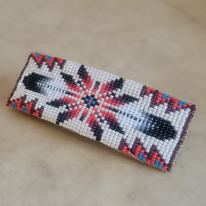 Irene Ashley Navajo Beaded Barrette with Geometric Design and Prayer Feathers Indian Jewelry/Beadwork