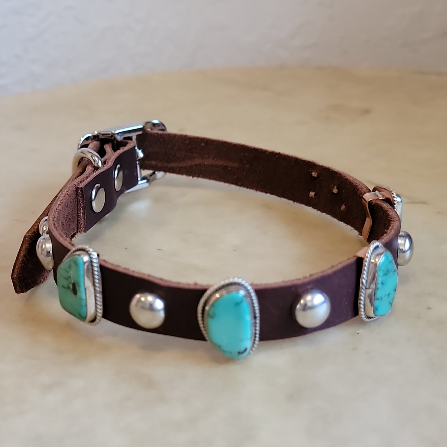 Sterling Silver with Turquoise on Leather Dog Collar/ Dog Jewelry