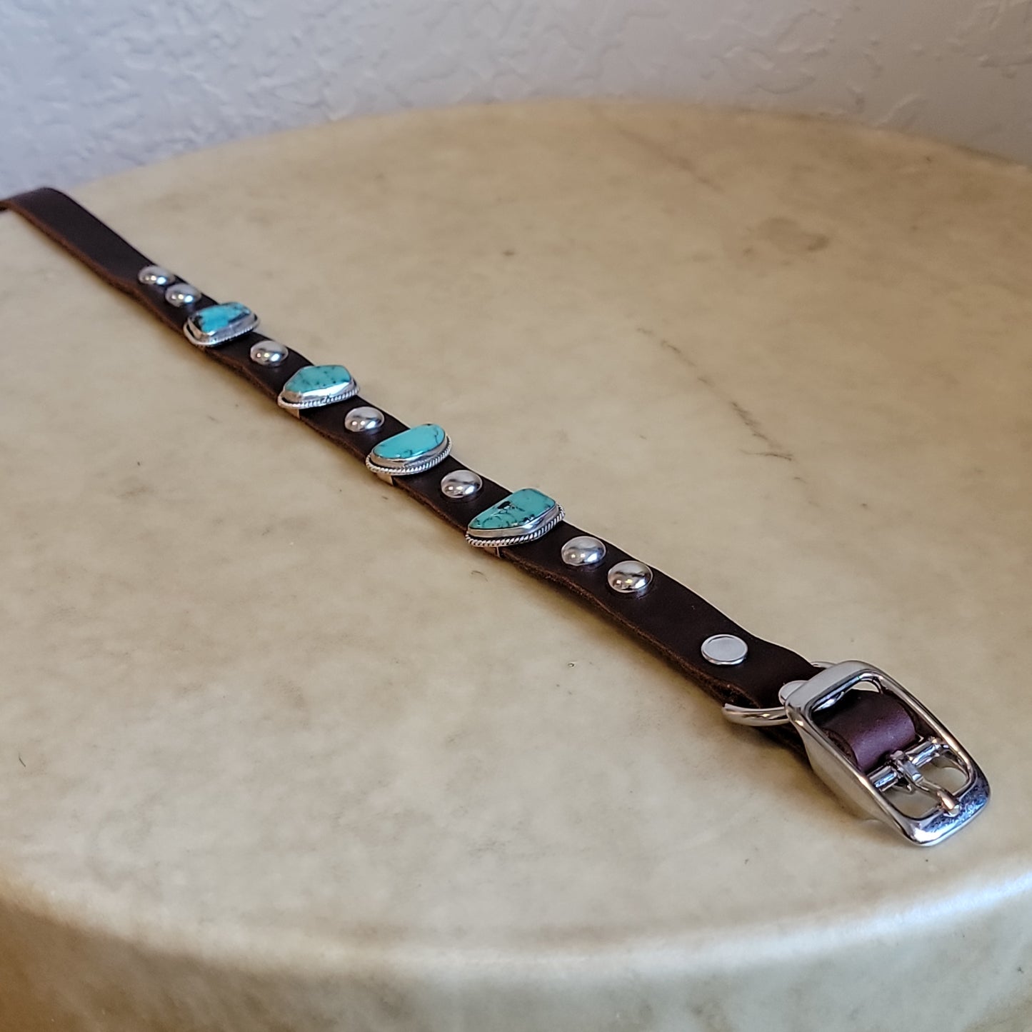 Sterling Silver with Turquoise on Leather Dog Collar/ Dog Jewelry