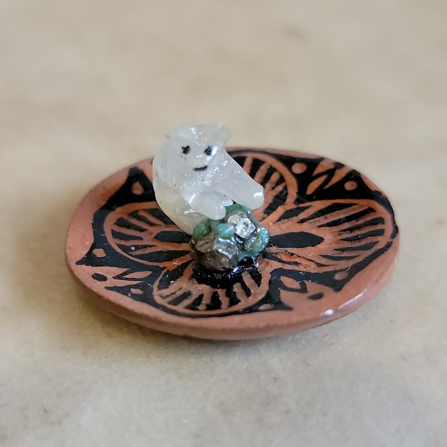 Ruben Najera Miniature Alabaster Bear in Zuni Pottery Dish Zuni Fetish
