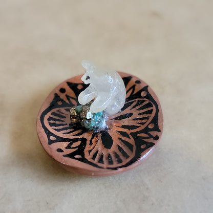 Miniature Alabaster Bear in Zuni Pottery Dish Zuni Fetish