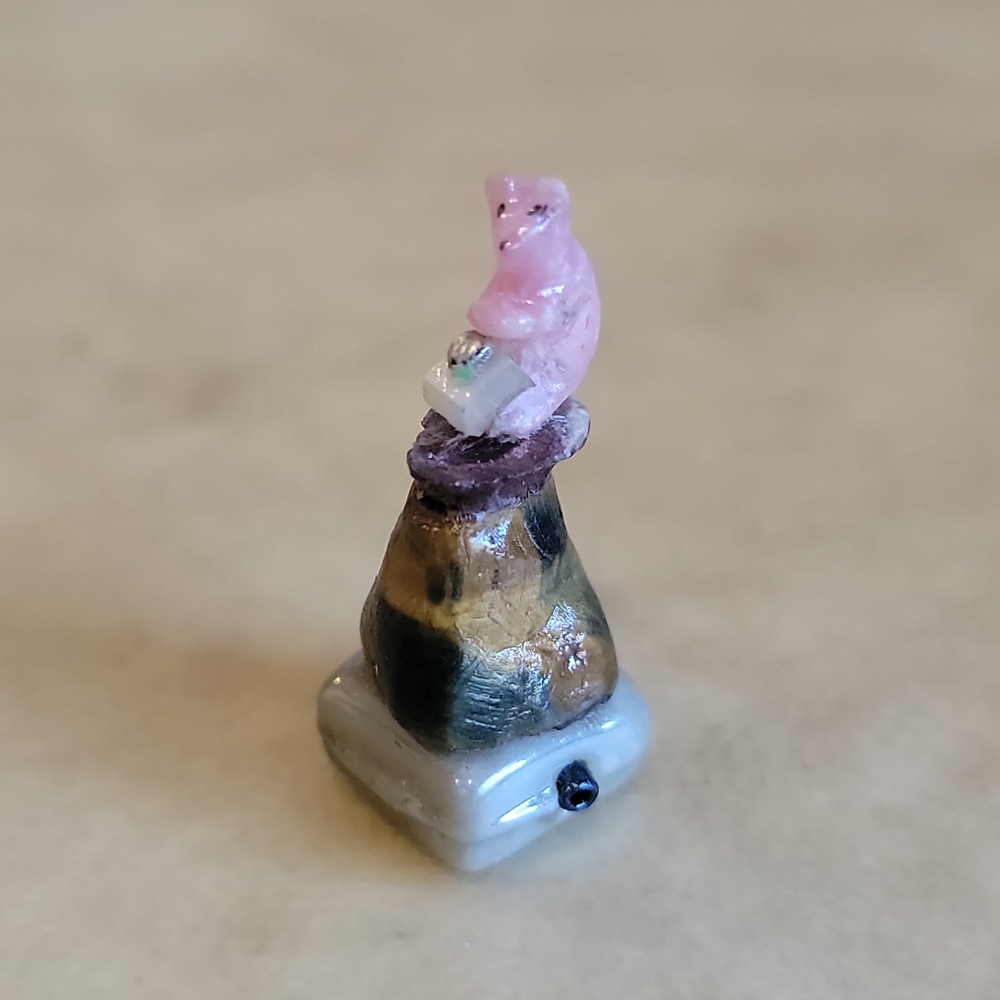 Ruben Najera Miniature Pink Rose Quartz Bear on Tiger Eye Vase Zuni Fetish