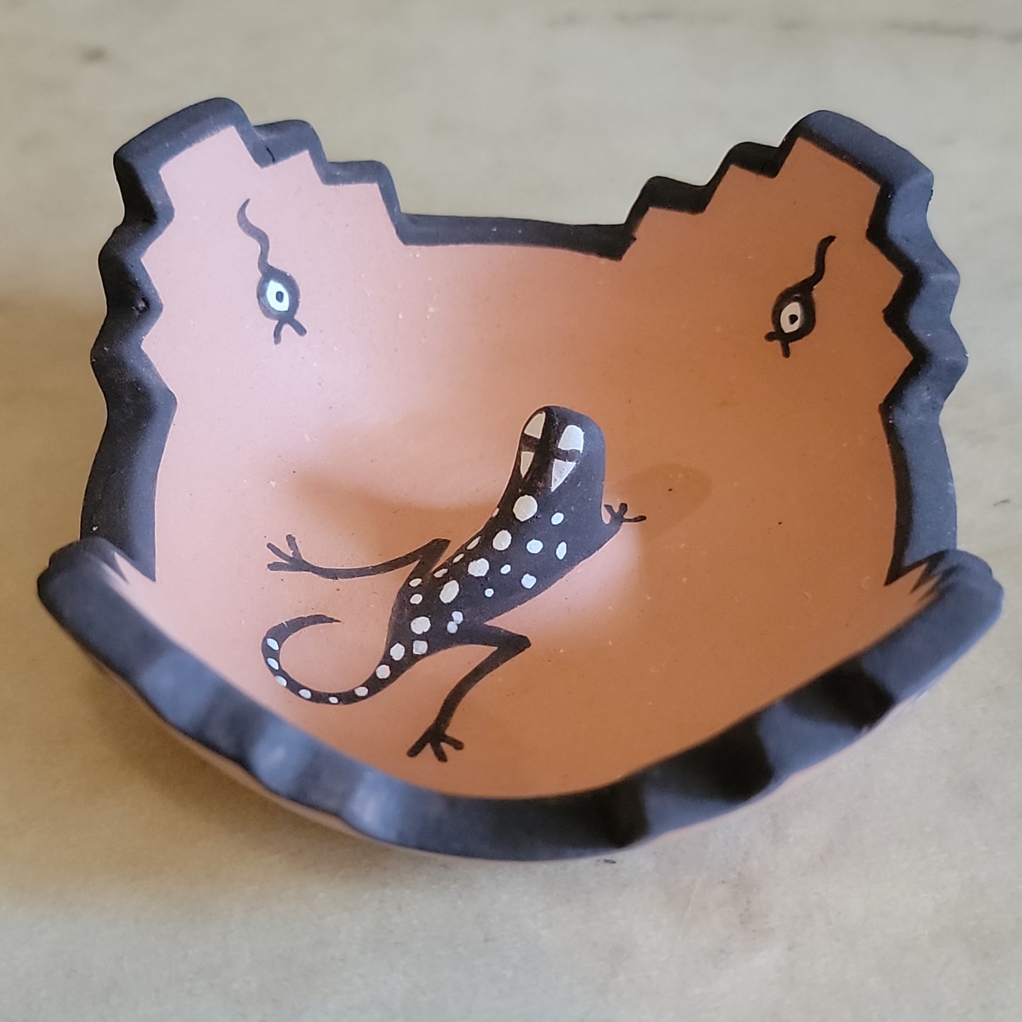 Agnes Peynetsa Kiva Step Rim Bowl with Gecko and Tadpoles Pueblo Pottery