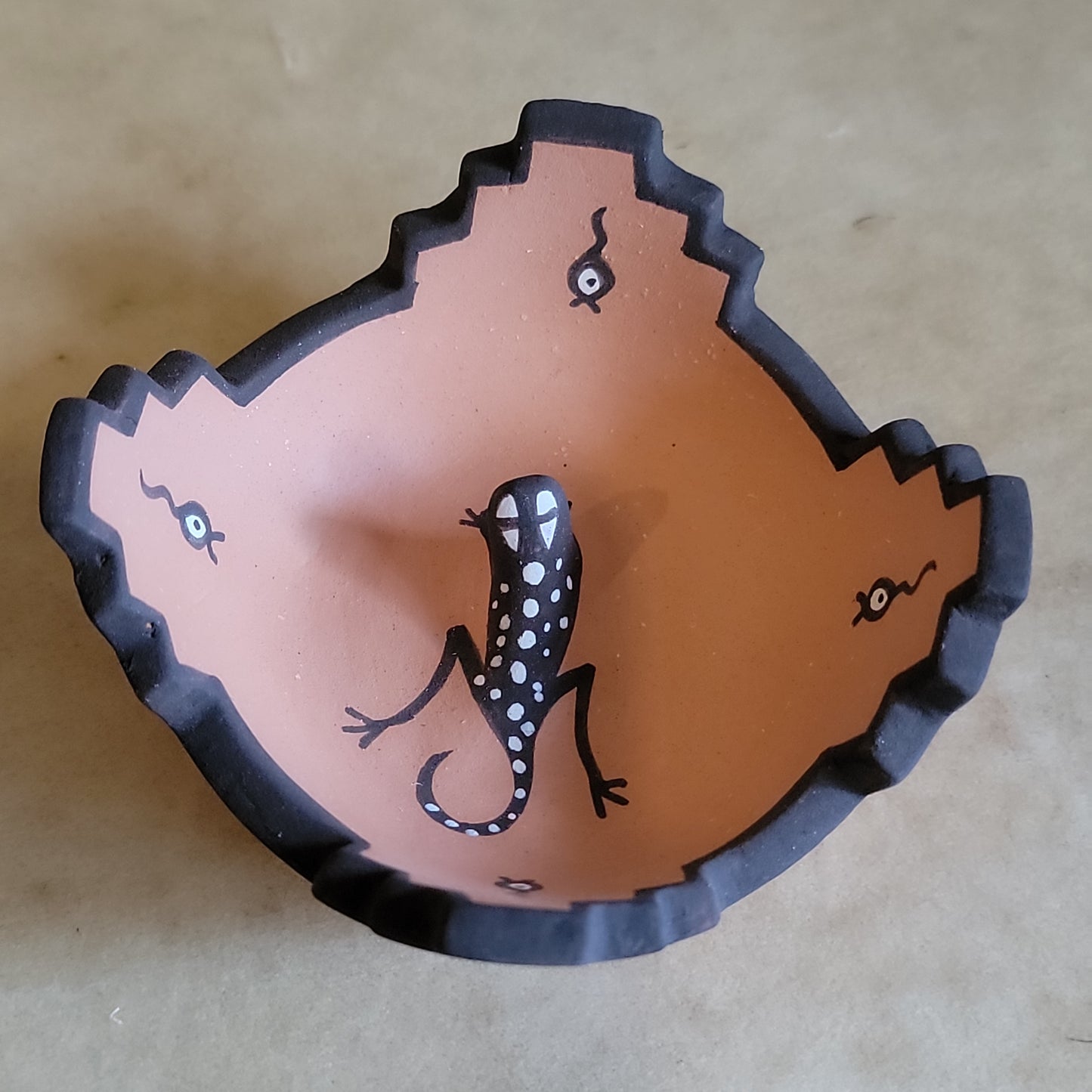 Agnes Peynetsa Kiva Step Rim Bowl with Gecko and Tadpoles Pueblo Pottery