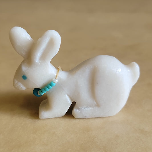 Andres Lementino White Marble Bunny Rabbit w/Necklace Zuni Fetish