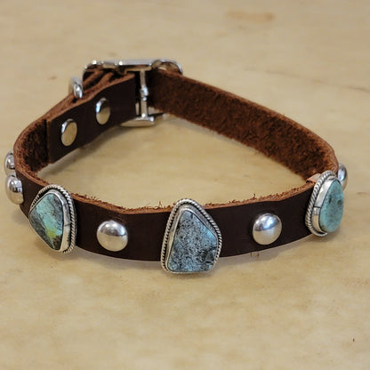 Turquoise and Sterling Silver with Leather  Navajo Dog Collar Indian Jewelry