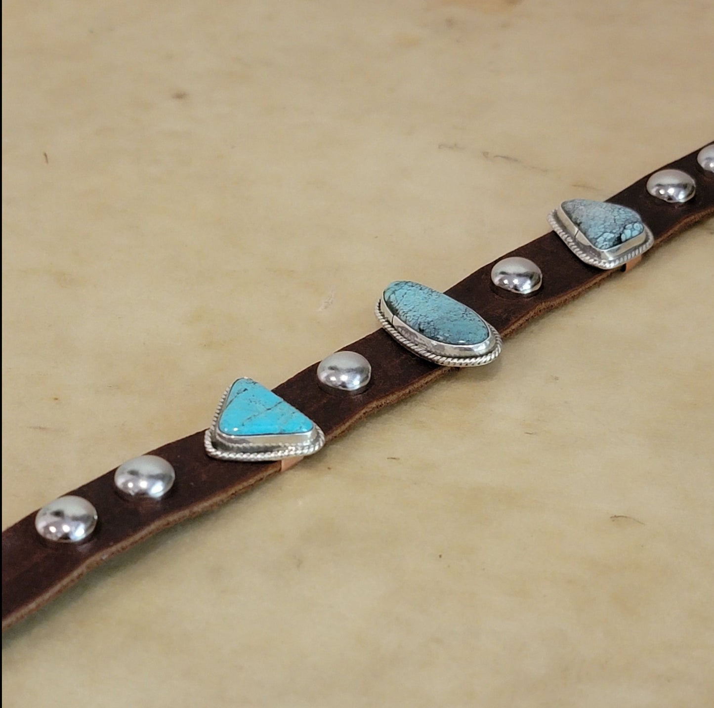 Navajo Turquoise and Sterling Silver on Leather Dog Collar Indian Jewelry