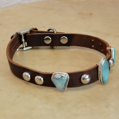 Navajo Turquoise and Sterling Silver on Leather Dog Collar Indian Jewelry