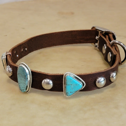 Navajo Turquoise and Sterling Silver on Leather Dog Collar Indian Jewelry