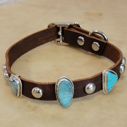 Navajo Turquoise and Sterling Silver on Leather Dog Collar Indian Jewelry