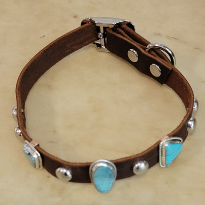 Navajo Turquoise and Sterling Silver on Leather Dog Collar Indian Jewelry