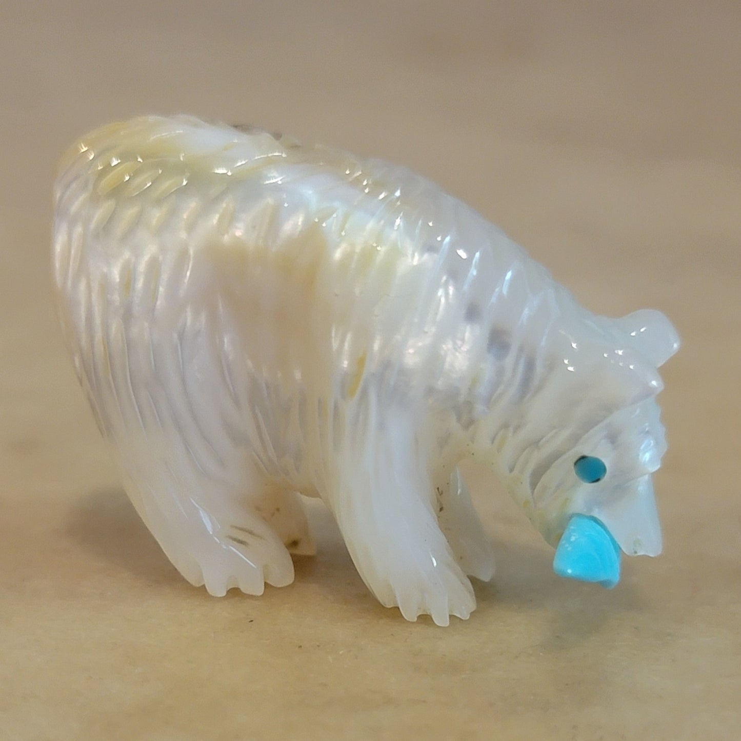 Andres Quandelacy Mother of Pearl Bear w/Fish Zuni Fetish