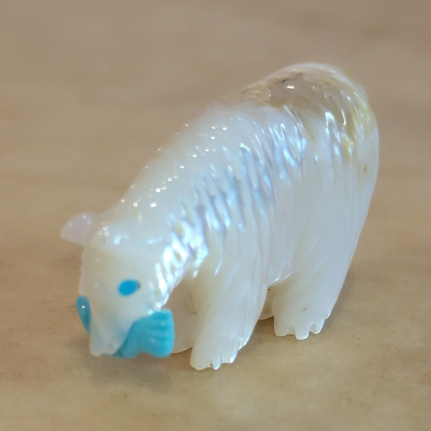 Andres Quandelacy Mother of Pearl Bear w/Fish Zuni Fetish