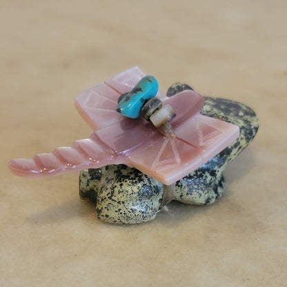 Pink Mussel Shell Dragonfly on Serpentine Frog Zuni Fetish