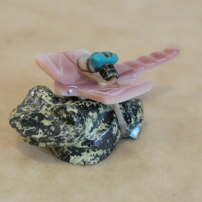 Pink Mussel Shell Dragonfly on Serpentine Frog Zuni Fetish