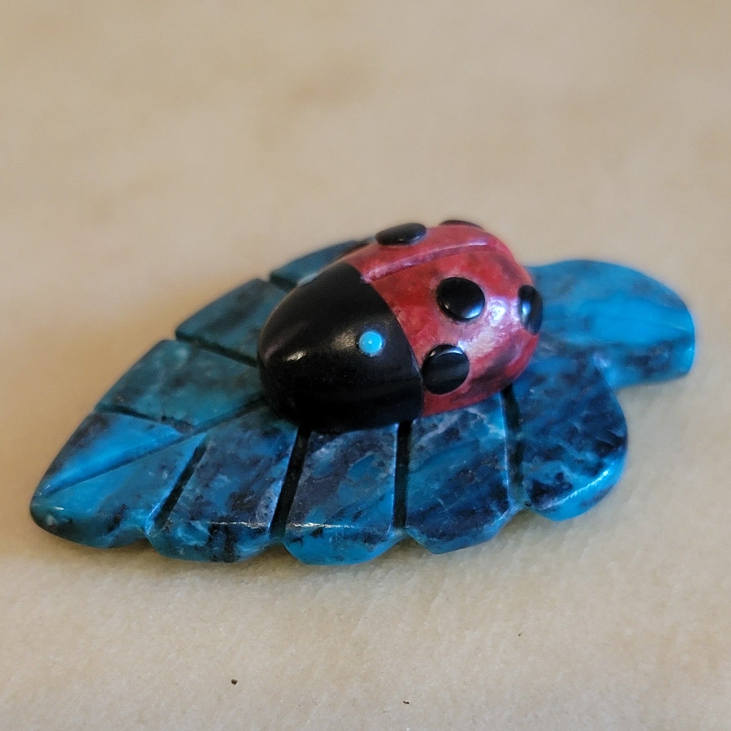 Reynold Lunasee Colorful Ladybug on Chrysocolla Leaf Zuni Fetish