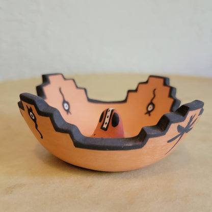 Agnes Peynetsa Raised Frog w/ Kiva Step Rim Pueblo Pottery Bowl