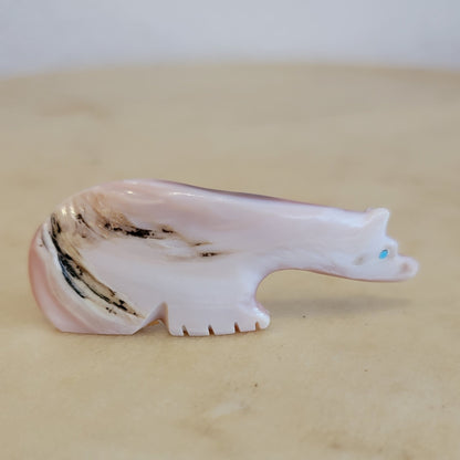 Pink Mussel Shell Long Necked Bear Zuni Fetish