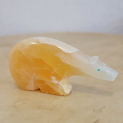 Priscilla Lasiloo Quandelacy "Yellowstone" Calcite Zuni Fetish Long Necked Bear