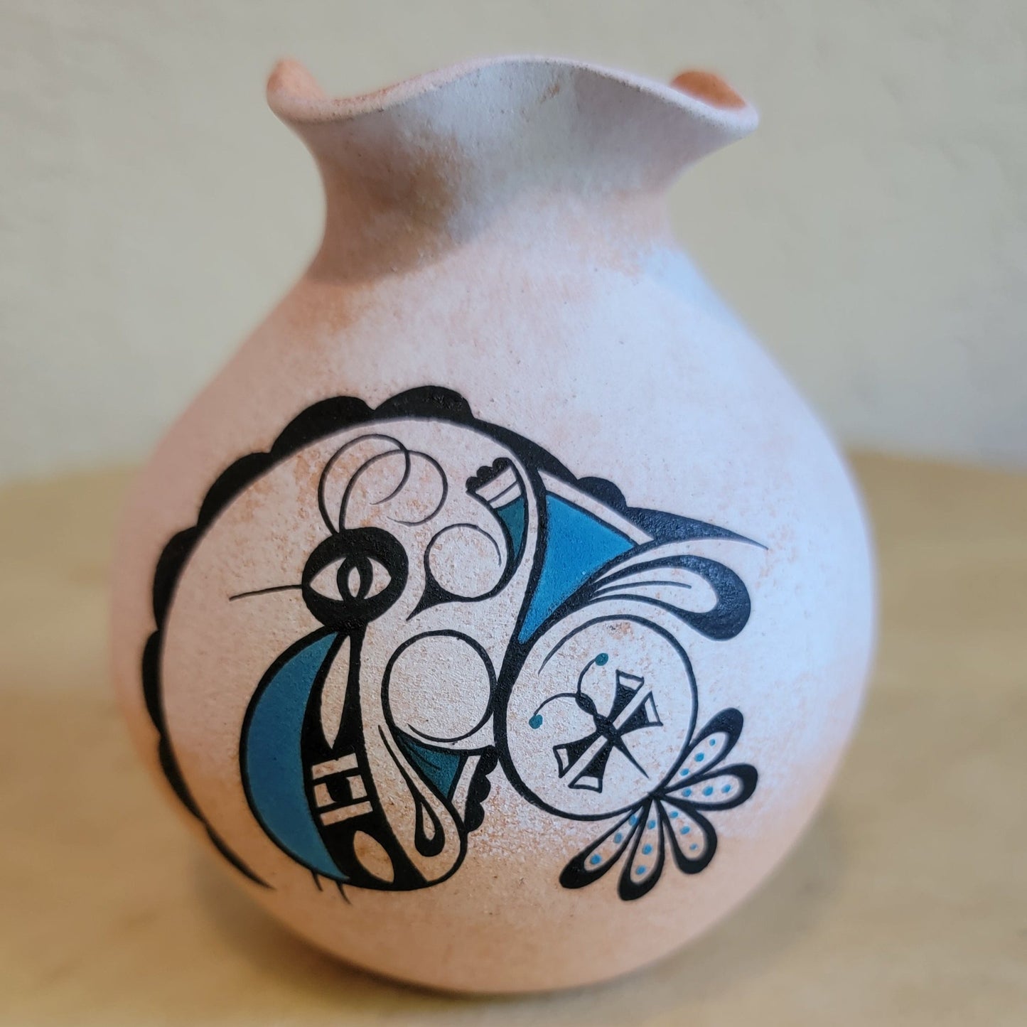 Tony Lorenzo Thin Walled Fluted Rim Vase w/ Raised Butterfly and Roadrunner Pattern Zuni Pueblo Pottery