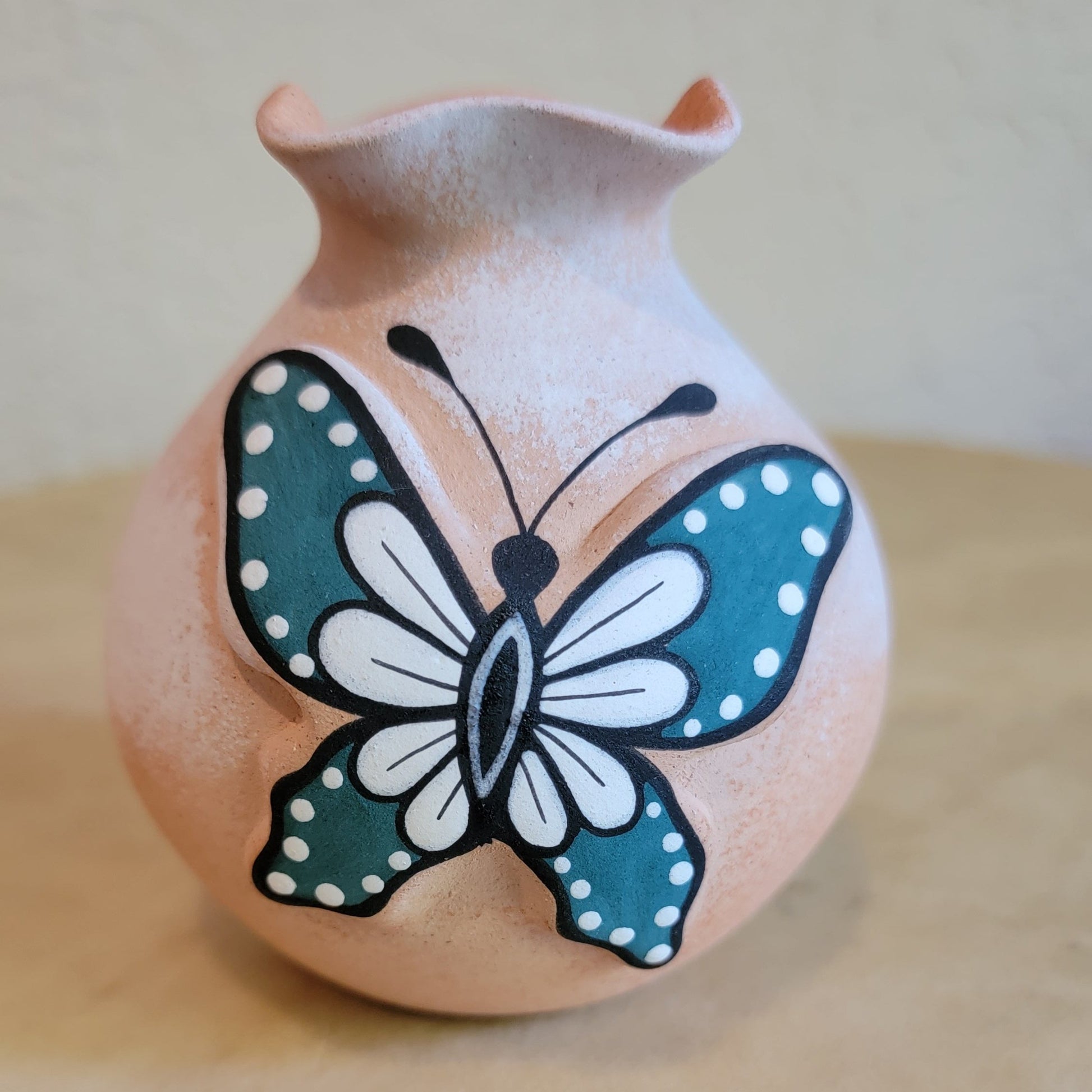 Tony Lorenzo Thin Walled Fluted Rim Vase w/ Raised Butterfly and Roadrunner Pattern Zuni Pueblo Pottery