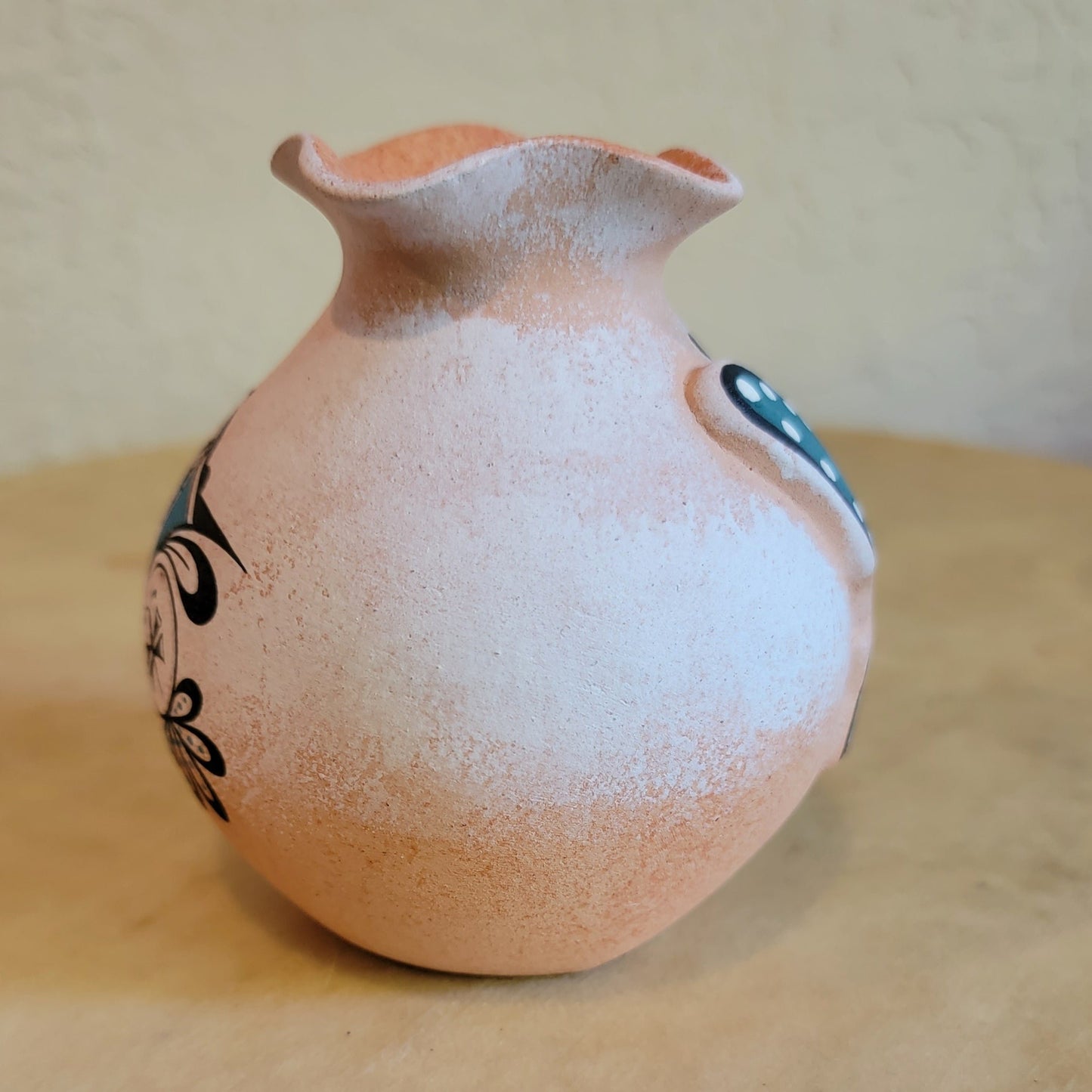 Tony Lorenzo Thin Walled Fluted Rim Vase w/ Raised Butterfly and Roadrunner Pattern Zuni Pueblo Pottery