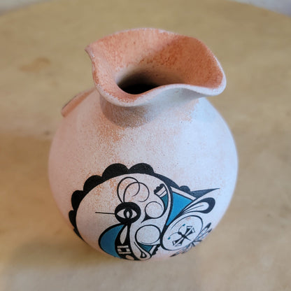 Tony Lorenzo Thin Walled Fluted Rim Vase w/ Raised Butterfly and Roadrunner Pattern Zuni Pueblo Pottery